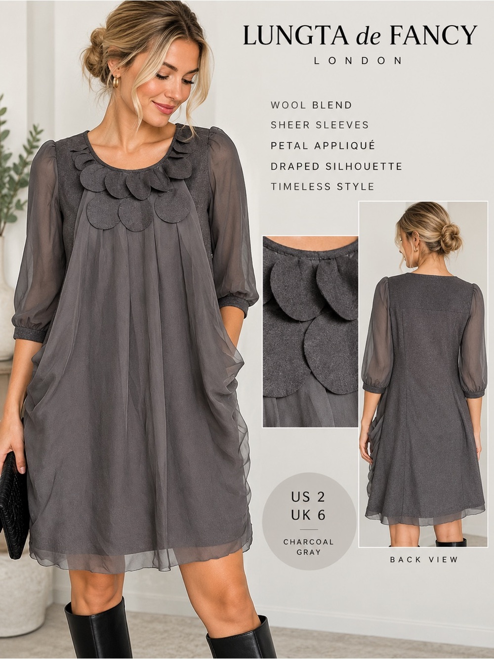 Lungta de Fancy London Charcoal Gray Wool Blend Sheer Dress US 2